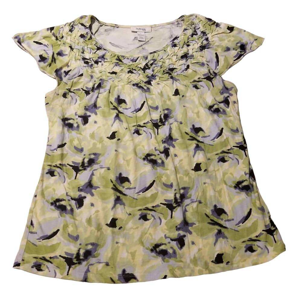 Style & Co Size L Petite Multi Color Shirt Cap Sleeves Green Blue White Black